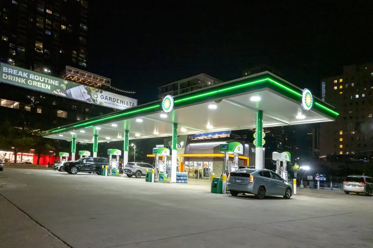 Chicago, Illinois, USA. Oct 3, 2025. A brightly lit BP gas station at night, serving as a vital hub for fuel and convenience in an urban landscape.