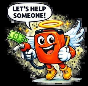 Tanky mascot character with halo and wings holding money, saying Lets Help Someone in speech bubble